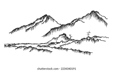 Hand drawn rough pencil sketch of mountains with small trees. Vintage drawing mountains landscaoe vector illustration art.