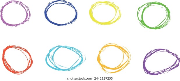 Hand drawn rough scribble effect line. Scribble hand drawn grunge doodle color circle set. Vector illustration. Children color crayon brush stroke frame
