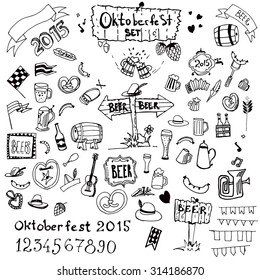 Hand drawn rough simple oktoberfest doodle set isolated on white background. Beer and brewery. Can be used for decoration or as coloring page. Editable vector
