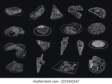 hand drawn rough simple outline  Italian food sketches. Isolated on black background