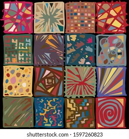 Hand drawn, rough, simplistic square designs assembled to form 4x4 colorful patchwork