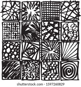 Hand drawn, rough, simplistic square designs assembled to form 4x4 monochrome patchwork