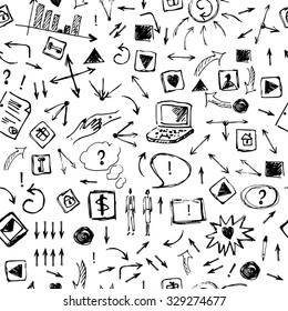 Hand drawn rough sketch doodle seamless pattern. Business design element background with arrows, shapes, buttons, graphs in black and white.
