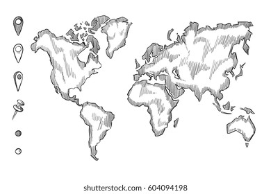 Hand drawn, rough sketch world map with doodle pins