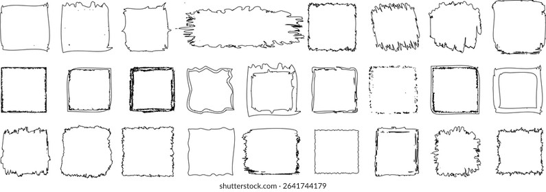 Hand drawn rough square frame collection featuring sketchy square border designs for decoration, graphic design, and creative projects. outline frames for a unique, artistic touch to digital artwork