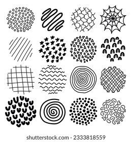 Hand drawn round abstract objects, dots, lines. Geometric doodles decorative elements. Organic shapes for cover, banner background, printing, wallpaper. Black monochrome concept. Vector illustration