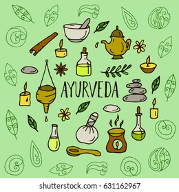 Hand drawn round ayurveda background.Ayurveda healthcare and treatment concept for your design.