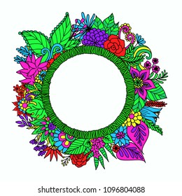 Hand drawn round banner with flowers,leaves and copy space for your customs texts fill with vivid color for design element.Vector illustration