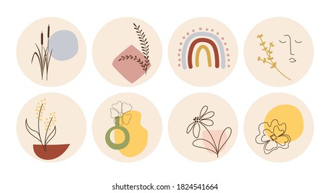 Handgezeichnete, runde Boho-Symbole und Embleme für die Geschichte der sozialen Medien Highlight-Cover. Set von trendigen Vektordesign-Vorlagen für Blogger, Fotografen und Designer.