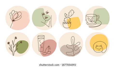 Hand drawn round boho icons and emblems for social media story highlight covers. Set of trendy vector design templates for bloggers, photographers and designers.