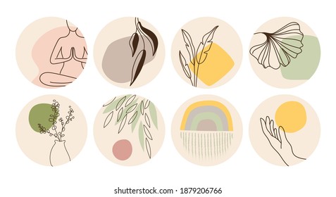 Los iconos de boho y emblemas dibujados a mano para las portadas de los medios sociales destacan las portadas. Conjunto de plantillas de diseño vectorial de moda para blogueros, fotógrafos y diseñadores.