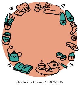 Hand drawn round border. Cozy winter and autumn concept