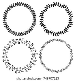 Hand Drawn Round Circle Nature Doodle Wreath Frames Set Vector Black on White Background