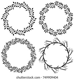 Hand Drawn Round Circle Nature Doodle Wreath Frames Set Vector Black on White Background