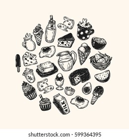 Hand drawn round composition with dairy products. Milk products: cheese, butter, yogurt and different types of desserts. Breakfast products. 