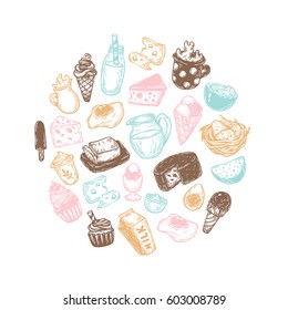 Hand drawn round composition with dairy products. Milk products: cheese, butter, yogurt and different types of desserts.
