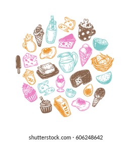 Hand drawn round composition with dairy products. Milk products: cheese, butter, yogurt and different types of desserts. Breakfast products. 