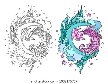 Hand drawn round composition of fish among seaweed. Doodle colored vector illustration for adult coloring book page, print, t-shirt, poster, card.