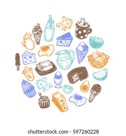 Hand drawn round composition with vector dairy products. Milk products: cheese, butter, yogurt and different types of desserts. Breakfast products. 
