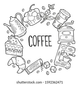 Hand drawn round concept with coffee and dessert icons in doodle style. Black outline isolated on a white background. Cute template for coffee shop or cafe, menu, cards, banners. Vector illustration.