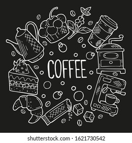 Concepto redondo dibujado a mano con iconos de café y postre en estilo doodle. Borde blanco sobre fondo negro o pizarra. Plantilla para café, café, menú, tarjetas, banners. Ilustración vectorial.