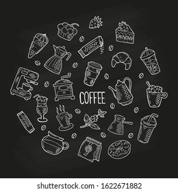 Hand drawn round concept with coffee and dessert icons in doodle style. White outline on black background or chalkboard. Cute template for coffee shop, cafe, menu, cards, banners. Vector illustration.