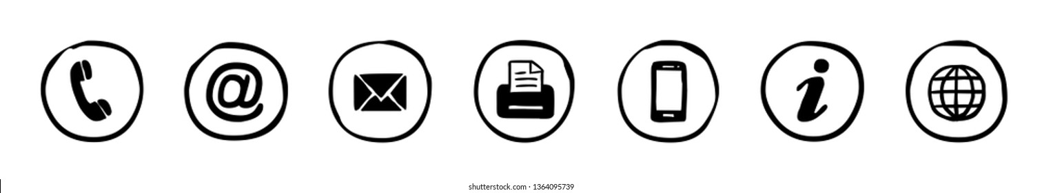 Hand drawn, round contact icons / black and white, vector, isolated