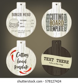 Hand drawn round cutting board mockup with handle and usage examples. Vector illustration with old textured plank used as template for label, logo, card, poster, advertising bar or pizzeria menu.