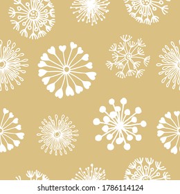 Hand drawn round dandelions pattern in doodle style. White dandelions on a beige background. Vector illustration for clothes, bed line, paper, card. Cute pastel print.