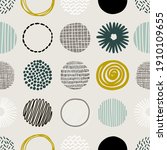 Hand drawn round decor abstract elements in rows.  Isolated vector colorful seamless pattern on light background. 