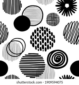 Hand drawn round decor abstract element mess. Isolated vector monochrome seamless pattern. 