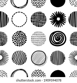 Hand Drawn Round Decor Abstract Elements In Rows.  Isolated Vector Monochrome Seamless Pattern. 