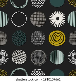 Hand drawn round decor abstract elements in rows.  Isolated vector colorful seamless pattern on dark background. 