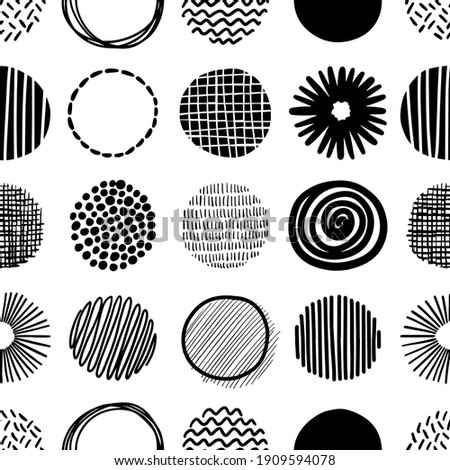 Hand drawn round decor abstract elements in rows.  Isolated vector monochrome seamless pattern. 