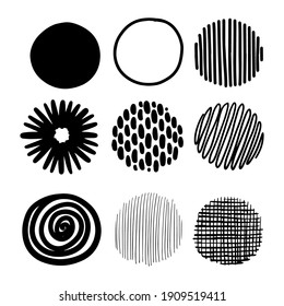 Hand drawn round decor set. Bullet journal web visual note sketch elements. Isolated monochrome graphic vector object set.