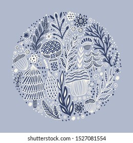 Hand drawn round design vector illustration. Winter greeting card. Circle floral design made of flowers Perfect for wedding invitations, greeting cards, blogs, prints and more