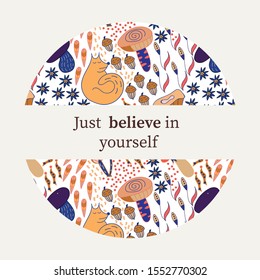 Hand drawn round design vector illustration. Winter greeting card. Circle floral design made of flowers,corns, fox, hedgehog, dots, spirals. Perfect for wedding invitations, greeting cards, prints.