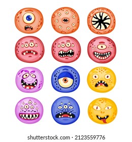 Hand drawn round Doodle monsters characters with different expressions. Cheerful face emotions. Colorful vector sticker set. Cute game assets. Illustration for kids isolated on white background