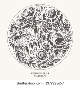 Hand drawn round floral background with roses, dahlia, poppy, marigold, berries leaves in light black ink. Decorative art flowers vintage style for labels and cards.