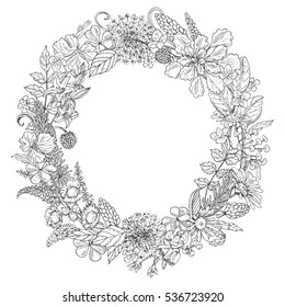 Hand drawn round floral frame. Black and white doodle flowers wreath for coloring. Vector sketch. Space for text. 