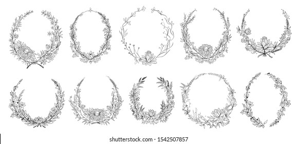 Hand drawn round floral frames. Sketch flower, leaves and branches decoration wreath. Circle flower frame, laurel wreath border or victorian branch vignette. Isolated vector symbols set