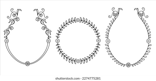 Marcos florales redondos dibujados a mano. Flor de dibujo, hojas y ramas de decoración. Establecer el diseño botánico vectorial.