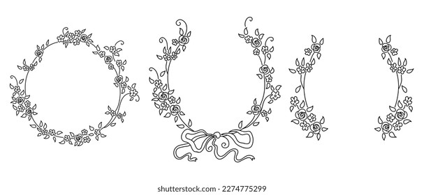 Hand drawn round floral frames. Sketch flower, leaves and branches decoration wreath. Set vector botanical design.
