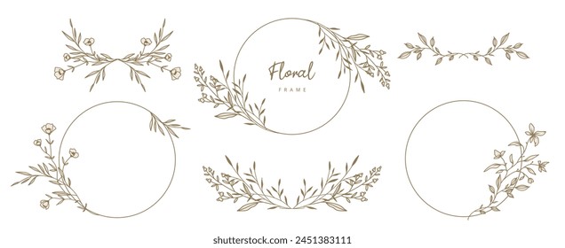 Hand drawn round floral frames with wild flowers. Elegant logo template, design elements in line art style. Vector illustration for labels, corporate identity, wedding invitation, save date