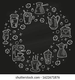Hand drawn round frame or concept with coffee icons in doodle style. White outline on black background or chalkboard. Cute template for coffee shop or cafe, menu, cards, banners. Vector illustration.