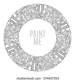 Hand drawn round frame, decorative design elements, circle hearts ornament, doodle  style. Color book page.