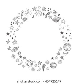 Hand drawn round frame with doodles of stars and planets, 