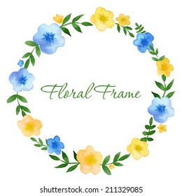 hand drawn round frame, made of beautiful watercolor flowers and leaves - vector illustration