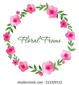 hand drawn round frame, made of beautiful watercolor flowers and leaves - vector illustration