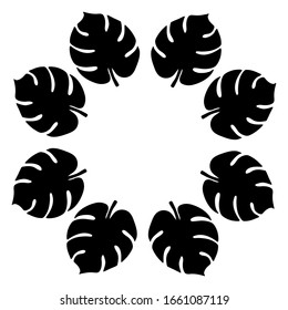 Hand drawn round frame with monstera leaves. Black shadows of exotic tropical leaves isolated on white background. Template for card, banner, sticker, design. Vector illustration with space for text.
